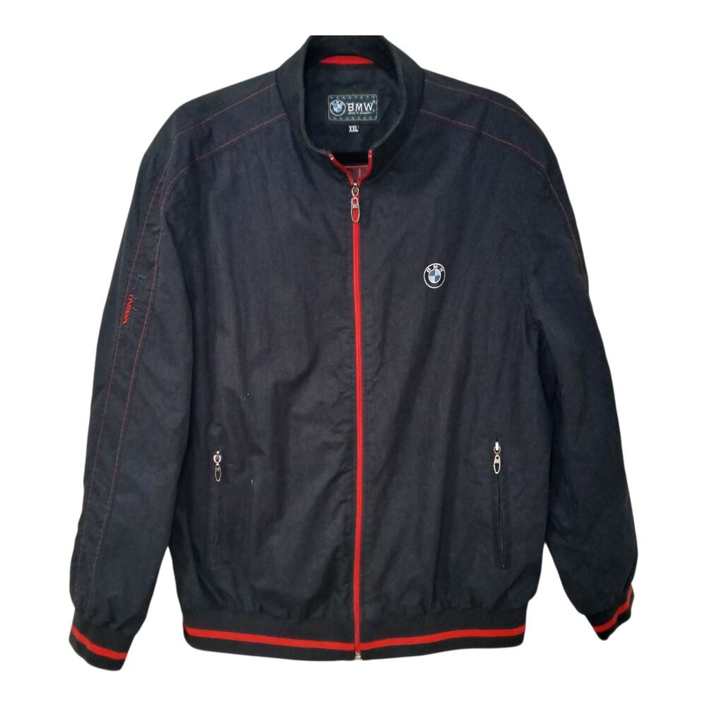 BMW Men’s Black Zip Up Jacket XXL Red Trim Logo‎ Bomber Stripe Satin Interior